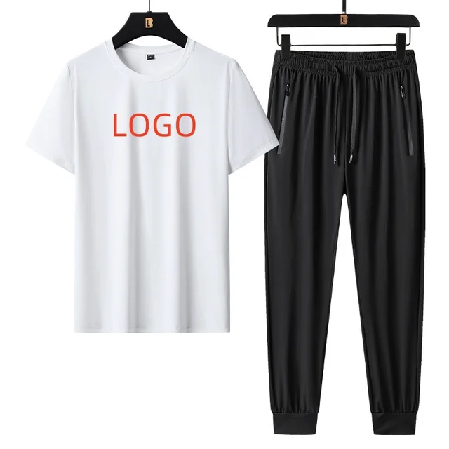Ice Silk Suit Summer Fashion Thin Fashion Leisure Sports Short Sleeve T-shirt + Long Pants Two-piece Set