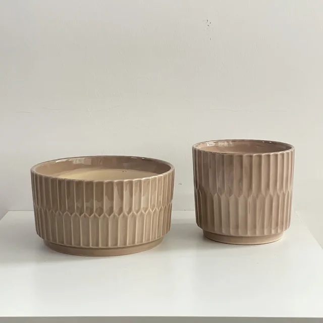 Textured Ribbed Ceramic Flower Pot Wide Top Premium Indoor/Outdoor Planter