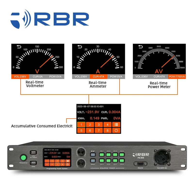 Touch Display PS840 9CH Power Sequence Controller with EU Socket Voltmeter Ammeter Power Meter
