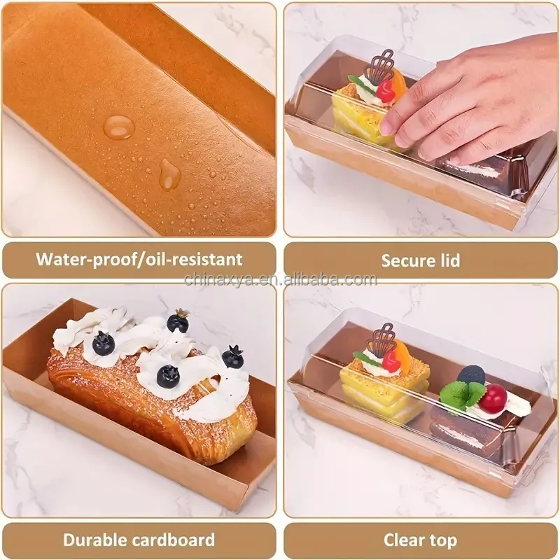 Brown Kraft Paper Rectangle Disposable Food Containers Cake Boxes with Clear Lid For Sandwich, Taco, Egg Tart, Cupcake, Donut details