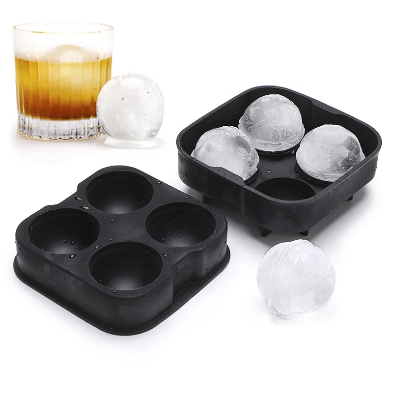 Whiskey Portable Silicon Extra Large Ball Ice Cube Tray Black 4 Ball