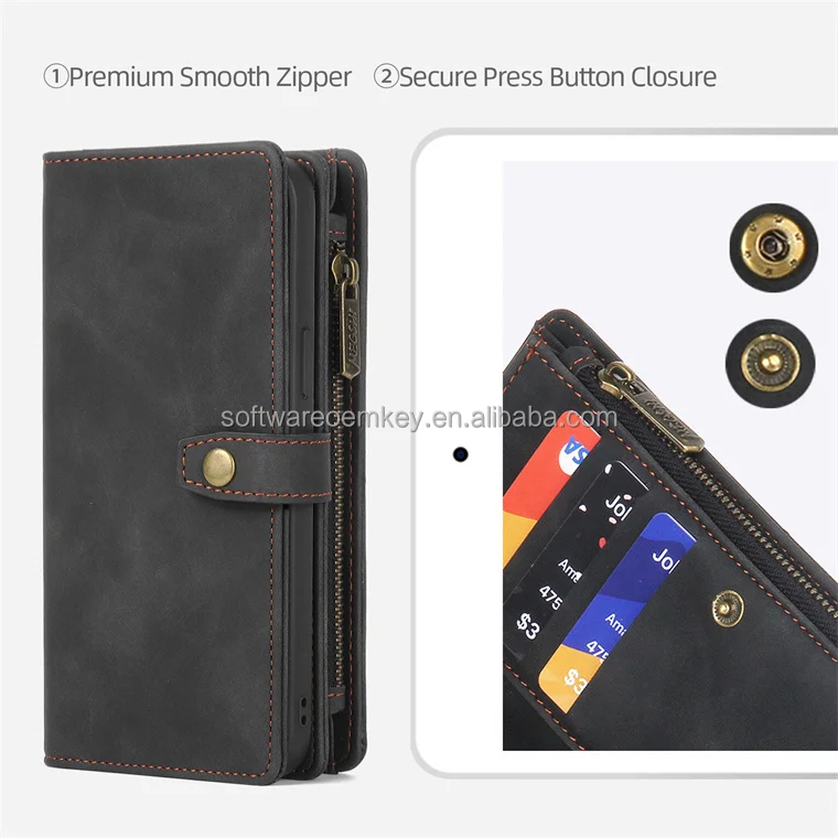 Retro Zipper Shockproof Card Slots Wallet Leather Brand Case Magnetic Detachable Back Cover for iPhone 11 12 13 14 15 Pro Max