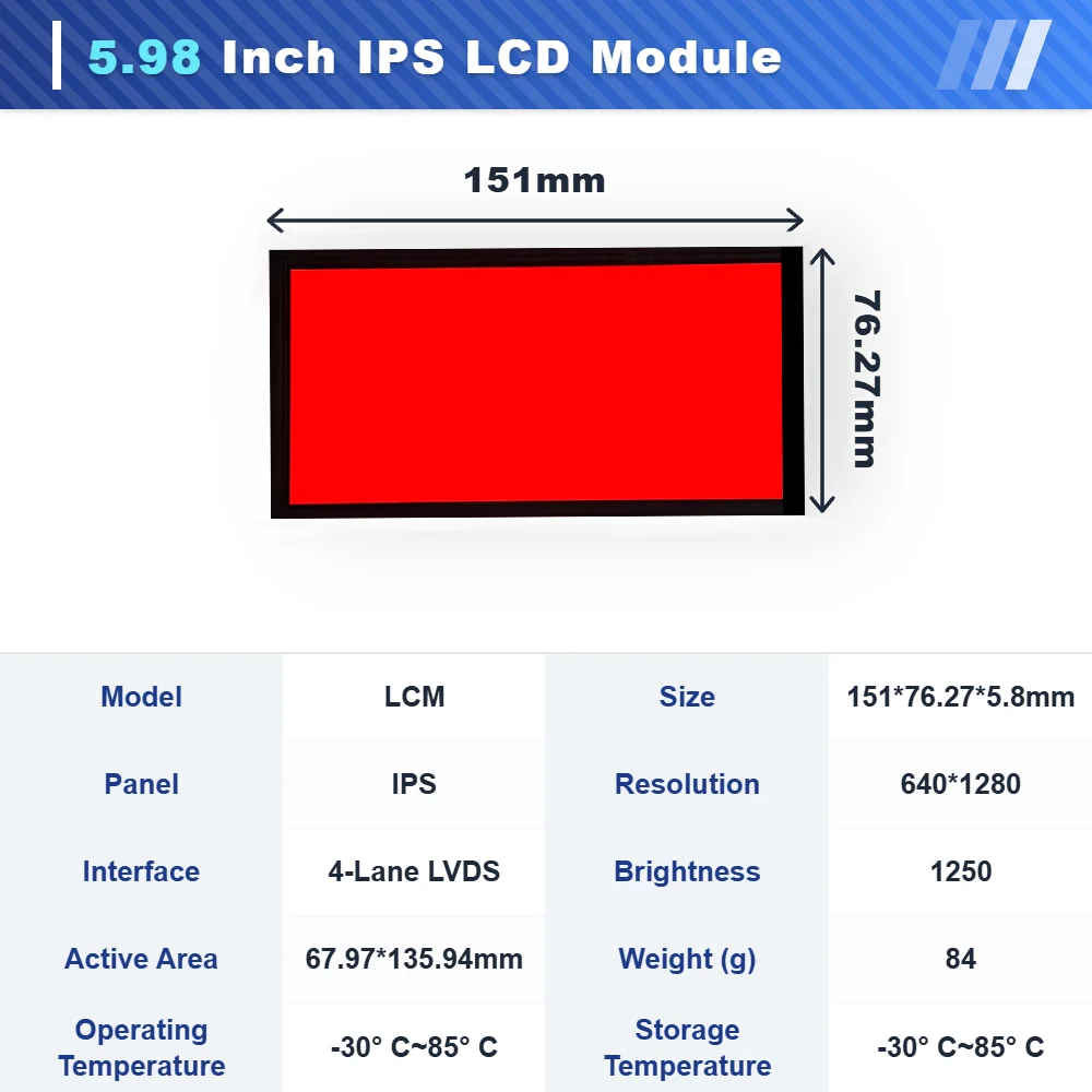 WEITAI 5.98 Inch TFT IPS LCD Module 640x1280 Resolution 1250 Cd/m Brightness LED Backlight 4-Lane LVDS Interface for In-vehicle factory