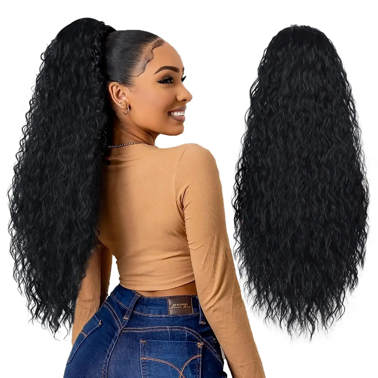 Brazilian Kinky Straight Drawstring Ponytail Natural Black 100% Human Hair Clip in Extensions for Women_voghion.com