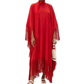 Luxury Red Crepe Kaftan Elegant High Neck Long Sleeve Tassel Detail Dress For Women