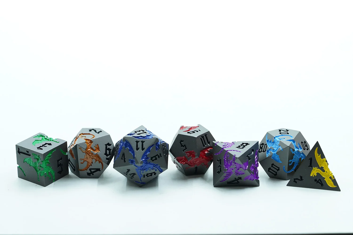 Colorful Rainbow Dragon Metal Dice Set 7pcs 16mm Zinc Alloy D20 Polyhedral for DND Games Custom Logo manufacture