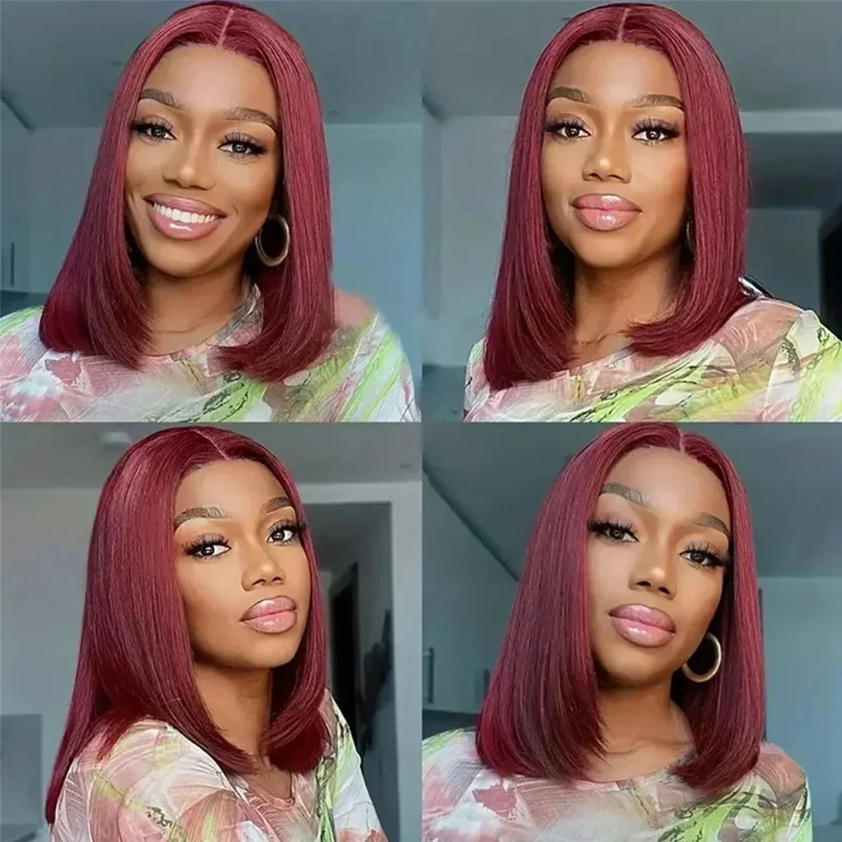Burgunder Lace Front Echthaar Bob Perücke Remy Haar Vorgestylt_voghion.com
