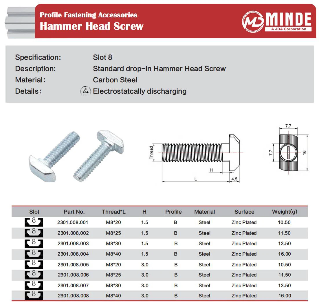 Minde Hammer Head Screw | Slot 8 | Zinc Plated Carbon Steel | M8*20/25/30/40 | for Profile Framing