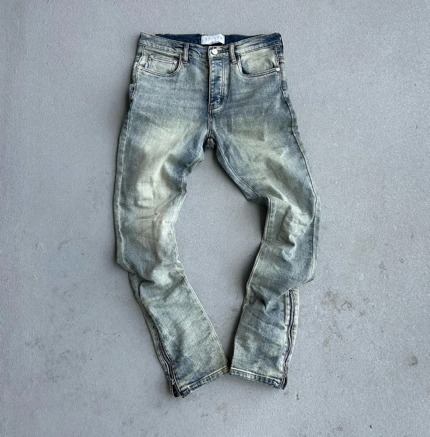 Streetwear Custom Man Vintage Wash Skinny Stacked Zip up Open Bottom Flare Denim Jeans Pants Flared Jeans Men manufacture
