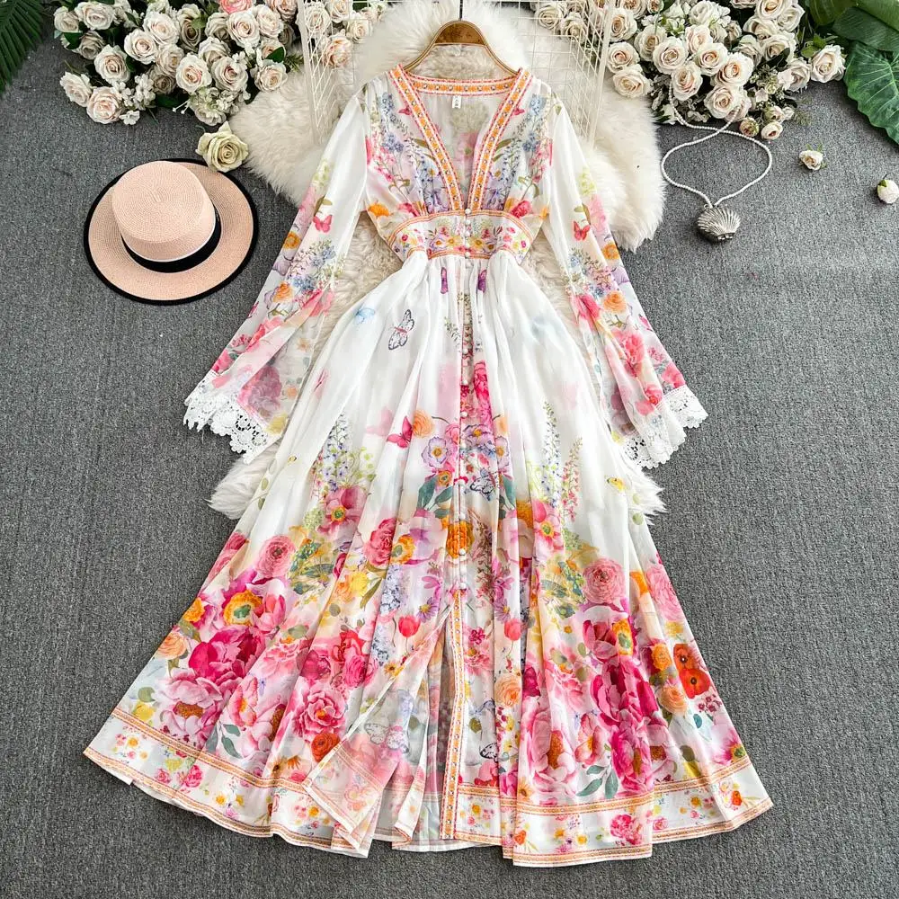 ZR10023 - Seductive Court Dress with Deep V-Neck & Florals