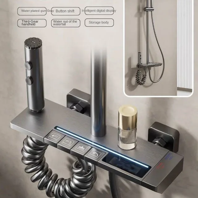 SGeneE Thermostatic Shower Mixer Set, Light Luxury Design, 30x20cm Square Piano Keys Shower System, LED Digital Display, Hydroelectric Power, 3 Modes Hand Shower (White - View #9