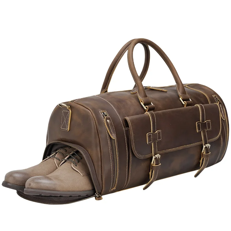 TIDING коричневый, под заказ, Мужская Натуральная кожа с натуральным лицевым покрытием, туристическая вещевая сумка для выходных, кожаная спортивная сумка с отделением для обуви