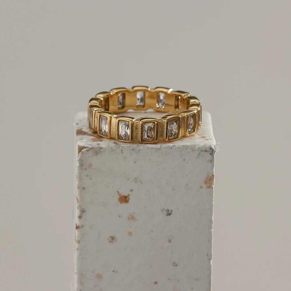 Simple Style 18K Gold Plated Stainless Steel Ring Square Diamond Stone Ring Jewelry for Women Jewelry