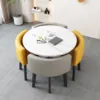 Imitation marble round table + 2 yellow and 2 light gray chairs