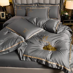 New Arrival Solid Color Washing Silk Bedding Set Applique Embroidery and Tribute Silk Duvet Cover Set