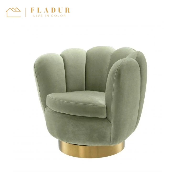 Blush Scalloped Swivel Modern Gold Base Armchair Velvet Single Sofa Chair for Living Room Club Bedroom