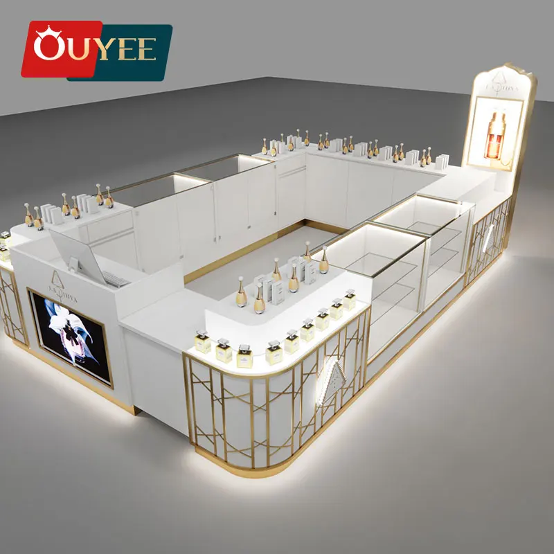 High End Customized Perfume Shop Design Showcase Fragrance Display Counter Gold Stainless Steel Mall Perfume Kiosk With Lighting