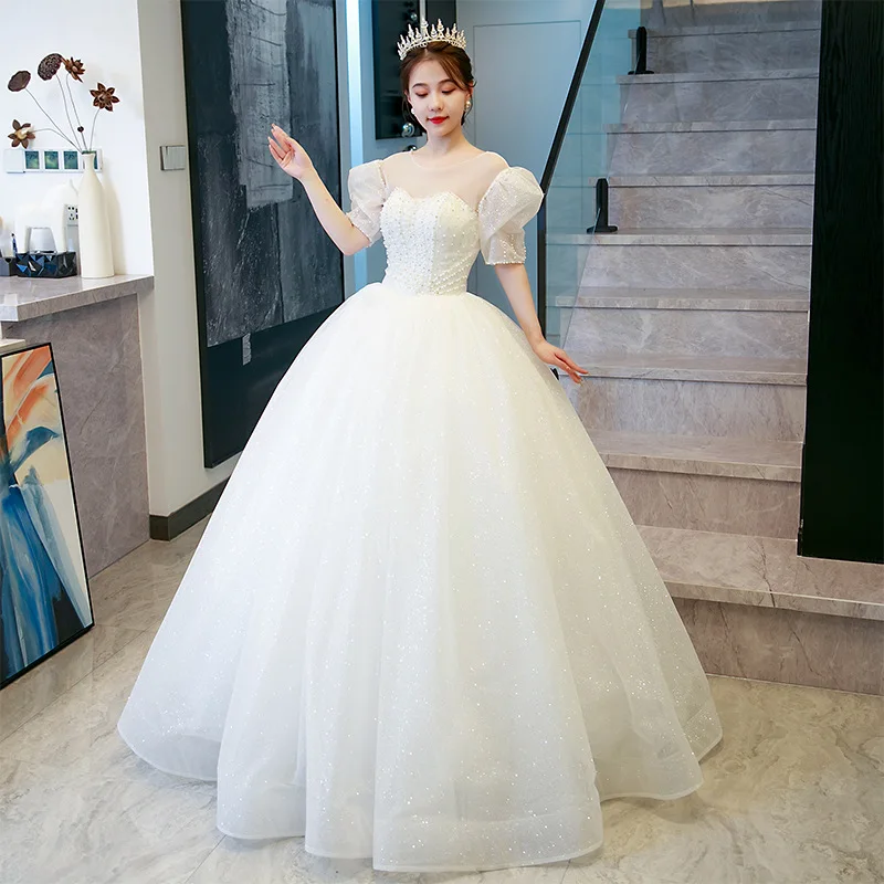 puff sleeves short sleeve ball gown wedding dress