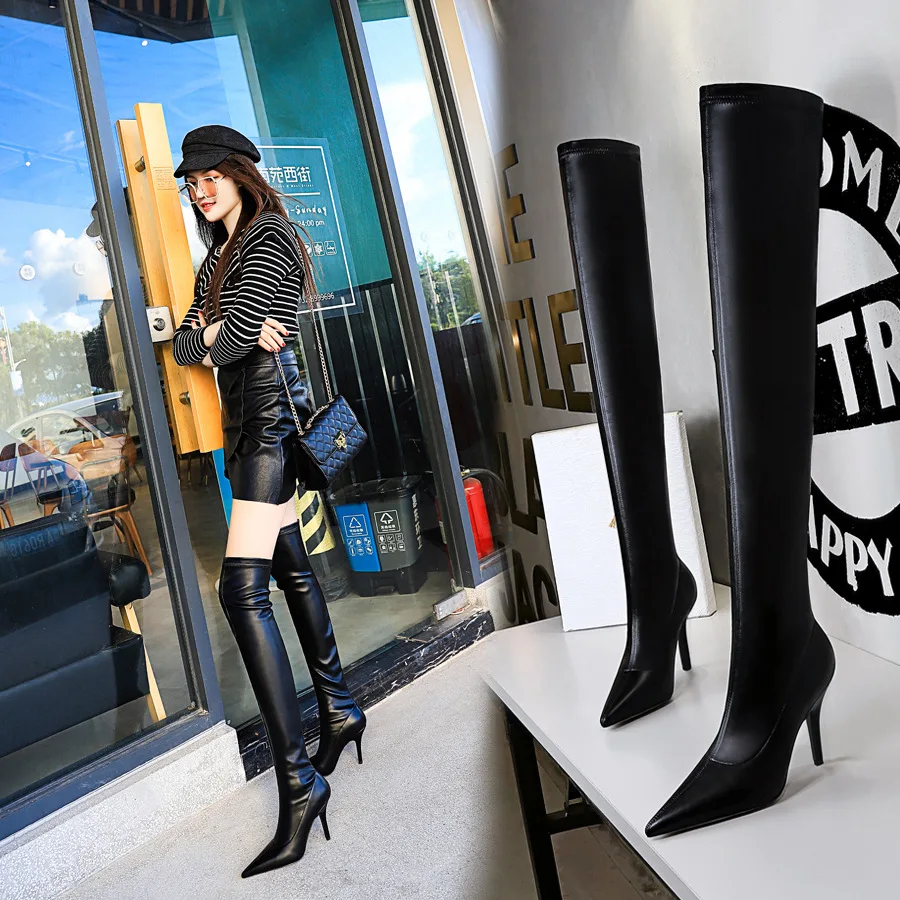 Sexy Super High Heel Knee High Boots Pu Leather Women Boots Slip on Pointed  Toe Long Boots Autumn Winter Ladies Shoes