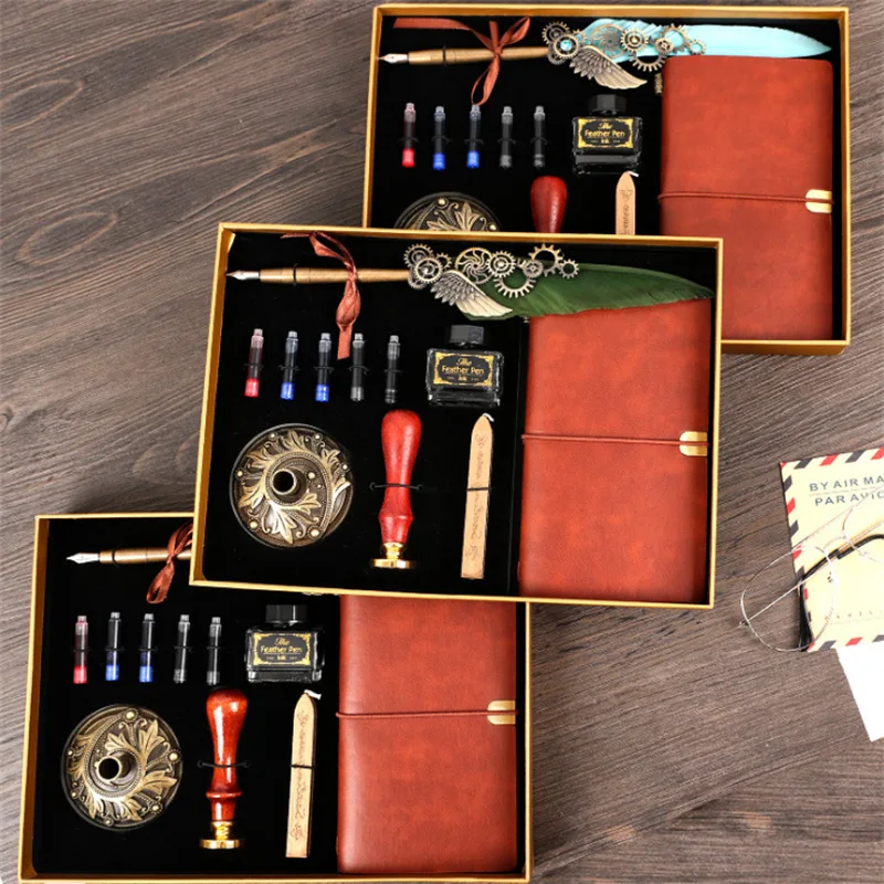 Набор винтажных перьевых каллиграфических ручек, набор из металлического пера, перьевой ручки в стиле ретро, элитное восковое уплотнение, штамп, блокнот, принадлежности, перьевая ручка в комплекте