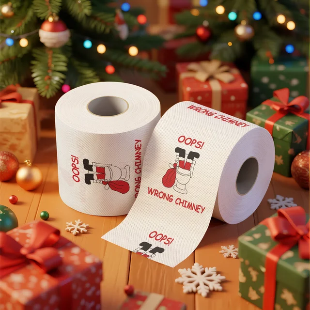 Creative Christmas Poop Joke Tissue Paper Hilarious Santa Claus Falling Into the Toilet Printed Disposable Toilet Paper