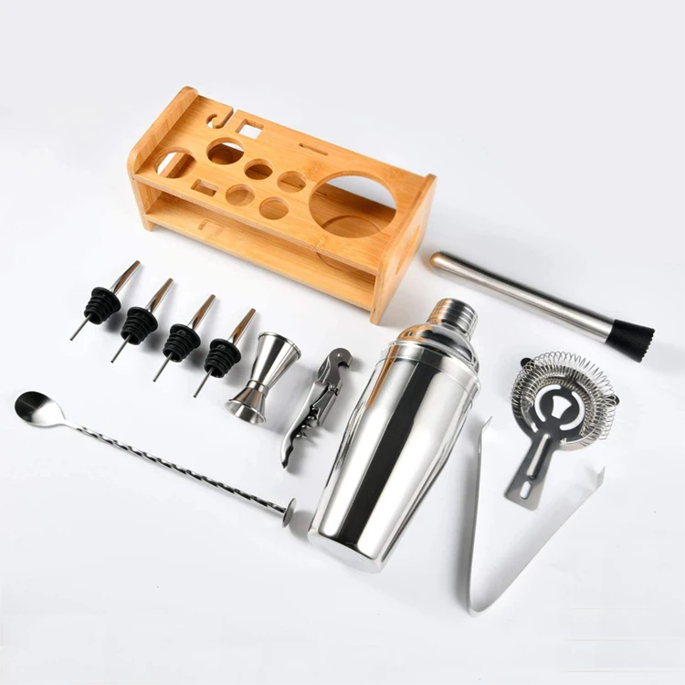 Прямая поставка с завода, изготовленный на заказ, комплект из 12 штук бармена из нержавеющей стали с бамбуковой подставкой