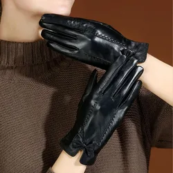 Модная черная зимняя женская ветрозащитная варежка из натуральной овечьей кожи с