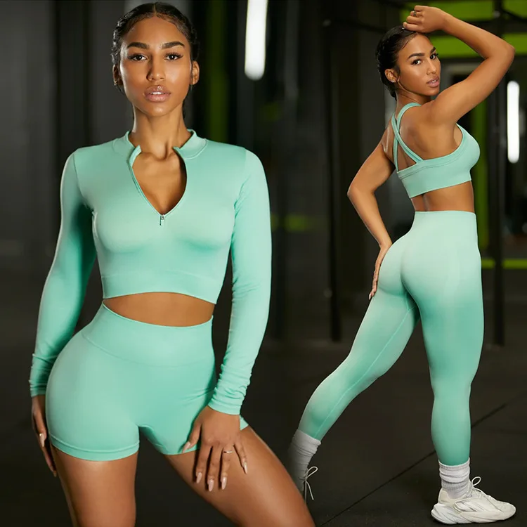 Ladies Gym Wear 2022 High Waisted Workout Leggings Long Sleeve Yoga Set