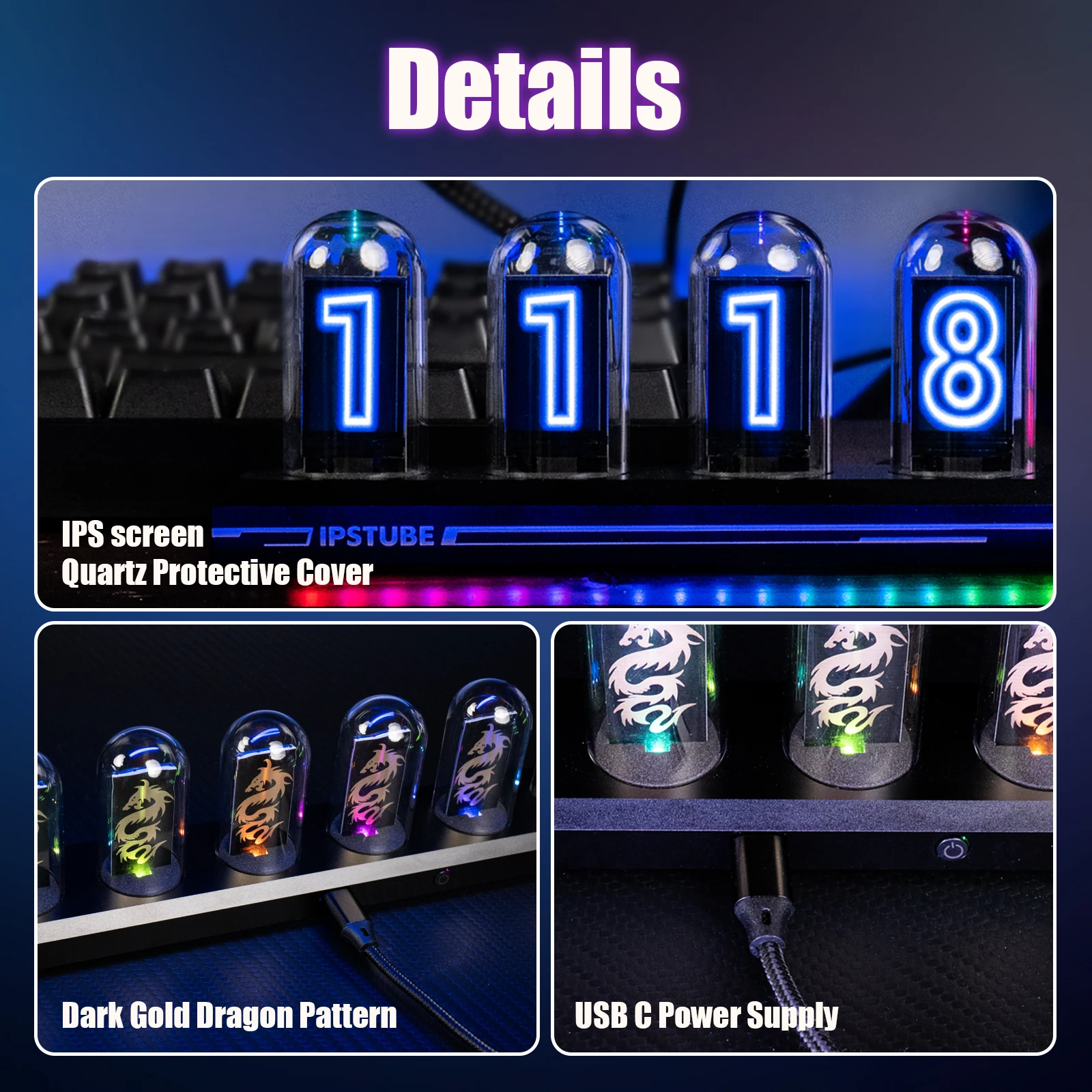 Modern Digital IPS Tube Clock - Large Display, Walnut Case, PC Control, Color Changing (No Power Adapter) 11 thumbnail image