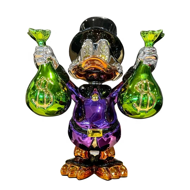 Gold Chrome Plated Cartoon Duck Resin Statue  Popular Home Art Sculpture Pop Art Sculpture Duck Sculptures Indoor