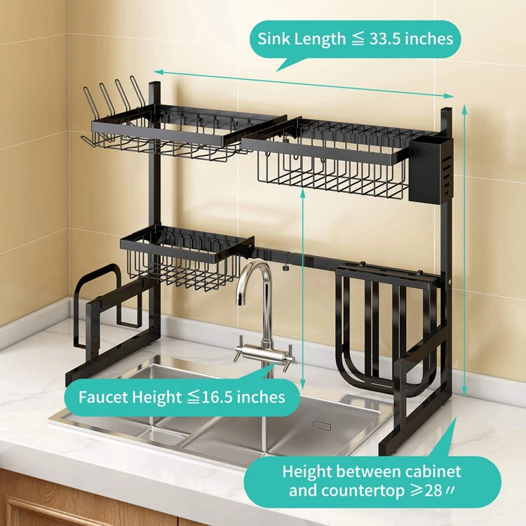 Adjustable Dish Drying Rack Over Sink 2 Tier Stainless Steel Length Expandable Kitchen Dish Rack