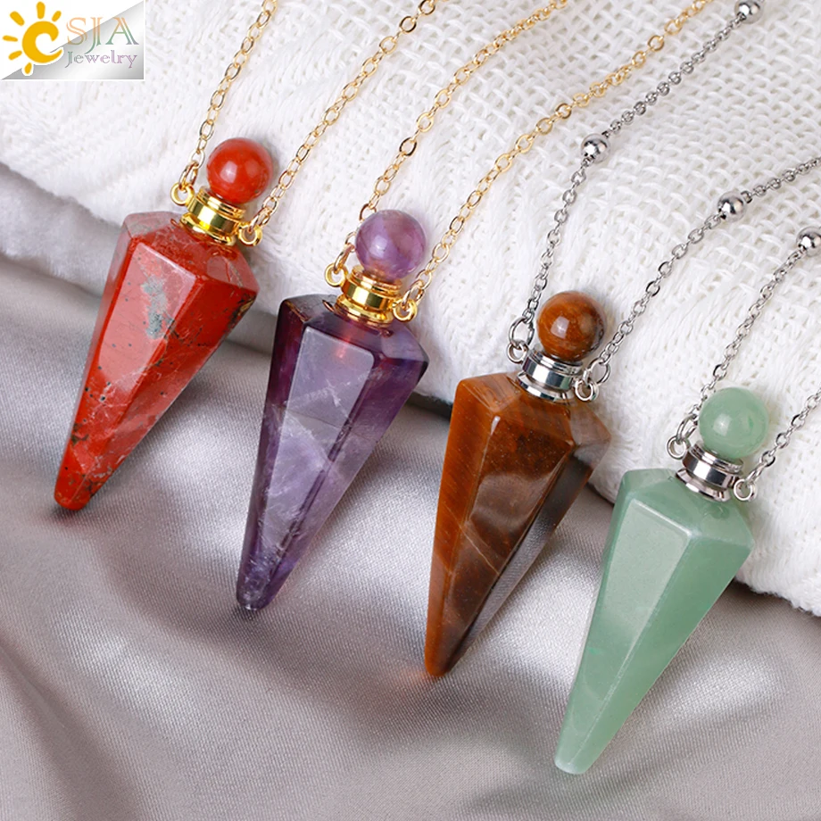 CSJA Wholesale Essential Oil Vial Diffuser Healing Natural Stone Cone  Crystal Perfume Bottle Pendants Necklace for Women H119