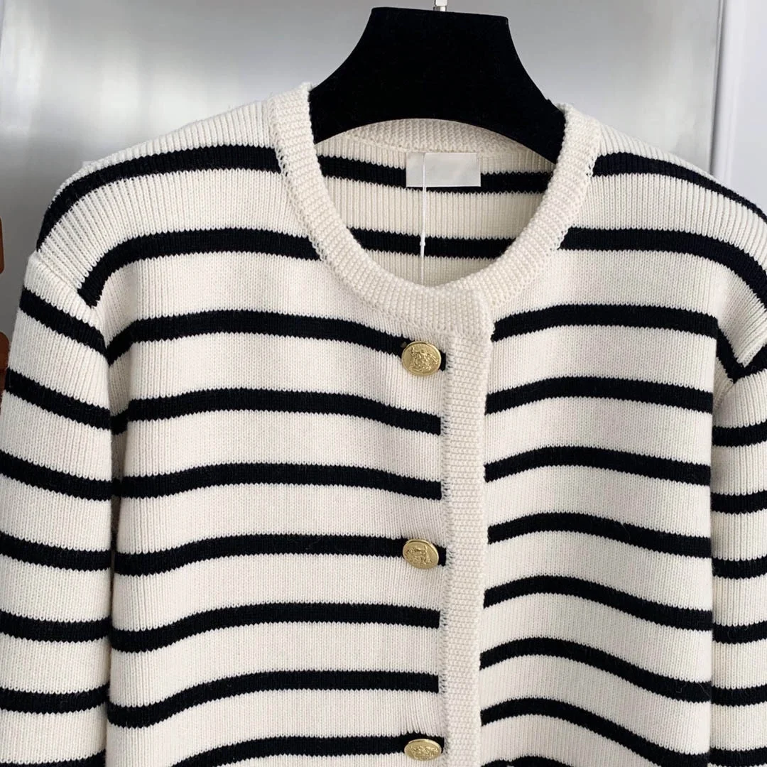 Round Neck Color Clashing Striped Knitted Cardigan Women Spring Autumn French Loose Short Sweater Jacket
