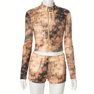Dropshipping 2026 Wholesale Fall Autumn Two Piece Digital Printed Jackets Women's Shorts Sets