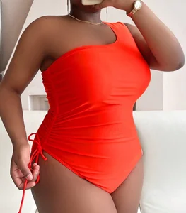 STOCK 8Colors One Shoulder Women Plus Size Swimwear L-4XL Drawstring Sides Modest Coverage One Piece Swimsuit