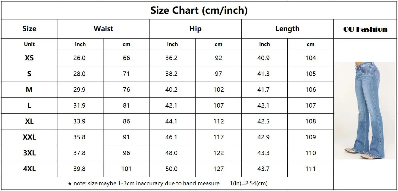 Women's Casual Denim Jeans - Wide-Leg Flared Bell Bottom Pants Size Chart