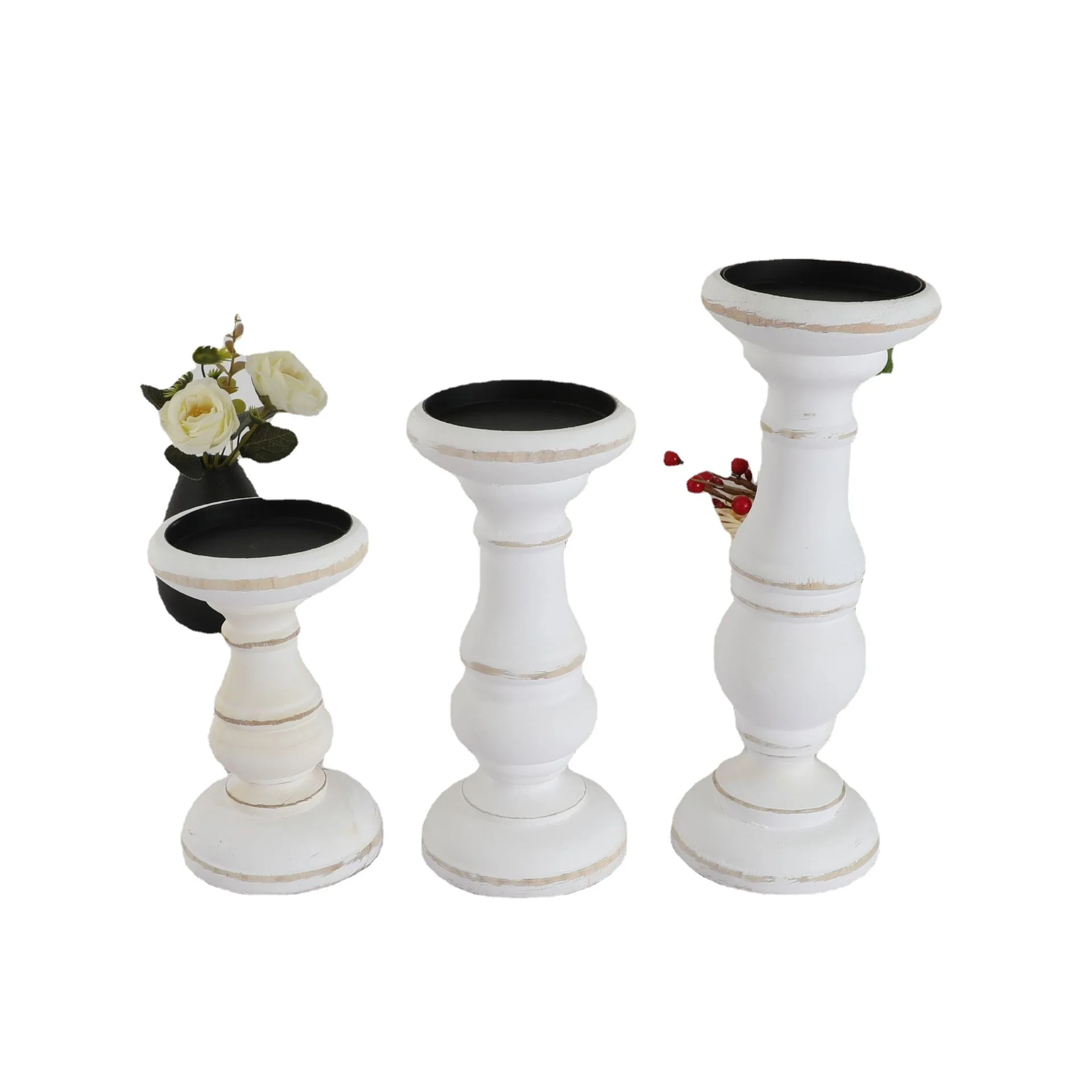 Rustic Wooden Pillar Candle Holder Set of 3 White Candle Stick Holder ...
