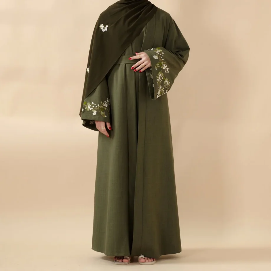 Flower Embroidered 4-Piece Set Linen Abaya Kaftan Robe With Hijab Belt  Modest Islamic Prayer Clothes Outfits