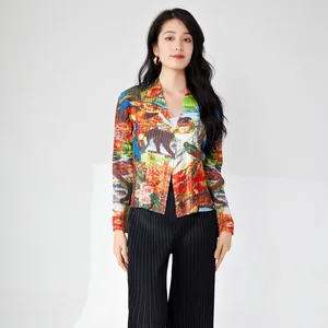 Miyake Women's Elegant Vintage Cardigan T-Shirt High Quality Pleated Fashion Top Western Printed Lapel Casual Vintage Design