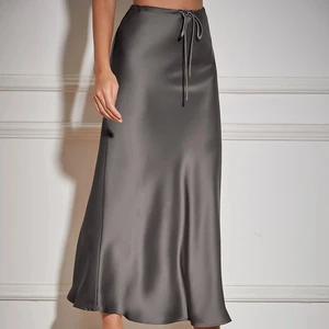 High Quality Satin Long Skirt High Waist Drawstring Tie Solid Color Skirt Women  Women's Wear