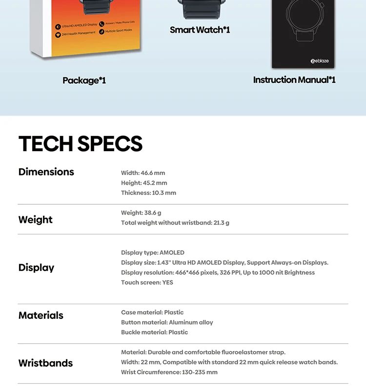 Zeblaze Btalk 3 Pro AMOLED Display Hi-Fi Bluetooth Phone Calls Health and Fitness Tracking Smart Watch