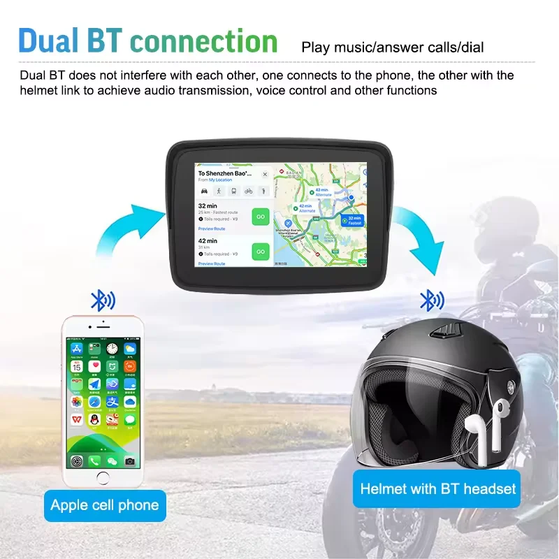 Motorcycle Global Navigation System 5-inch Smart Screen Supports Wireless Carplay Android AUTO Video Playback IP67 Waterproof
