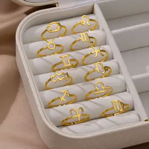 MW High Quality Waterproof Minimalist Stainless Steel 18k Gold Plated Simple 12 Zodiac Adjustable Rings Set for Unisex