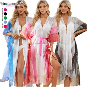 Summer Fringes Color Block Cardigan Contrast Striped and Knotted Front Beach Cover up Tassel Split Hem Kimono Swimwear Beachwear