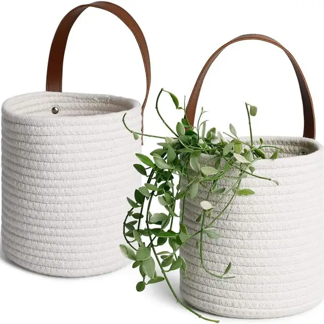Cotton Rope Wall Hanging Basket Sundry Flower Arrangement Small Basket Handle  Foldable Storage Basket