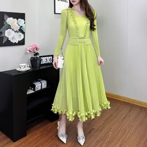 Wholesale Fashion Direct Women's Office Dress Design Stretch Casual Dress One Size Miyake Pleated Dress