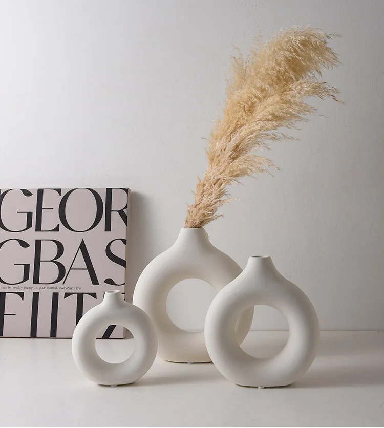 Nordic Circular Hollow Donuts White Vases for Home Decor