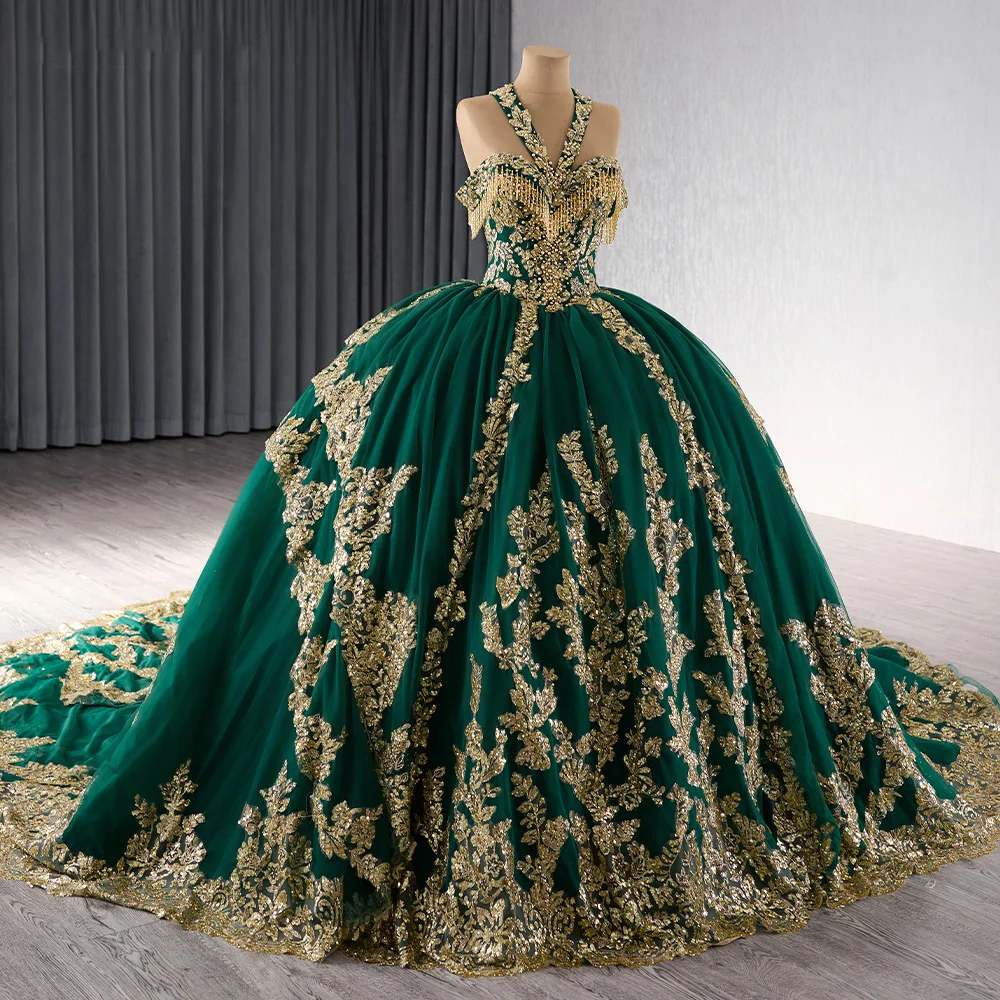 green emerald velvet dress Emerald Crystals Lace Plunging Feather Trumpet Prom Dress main image 0