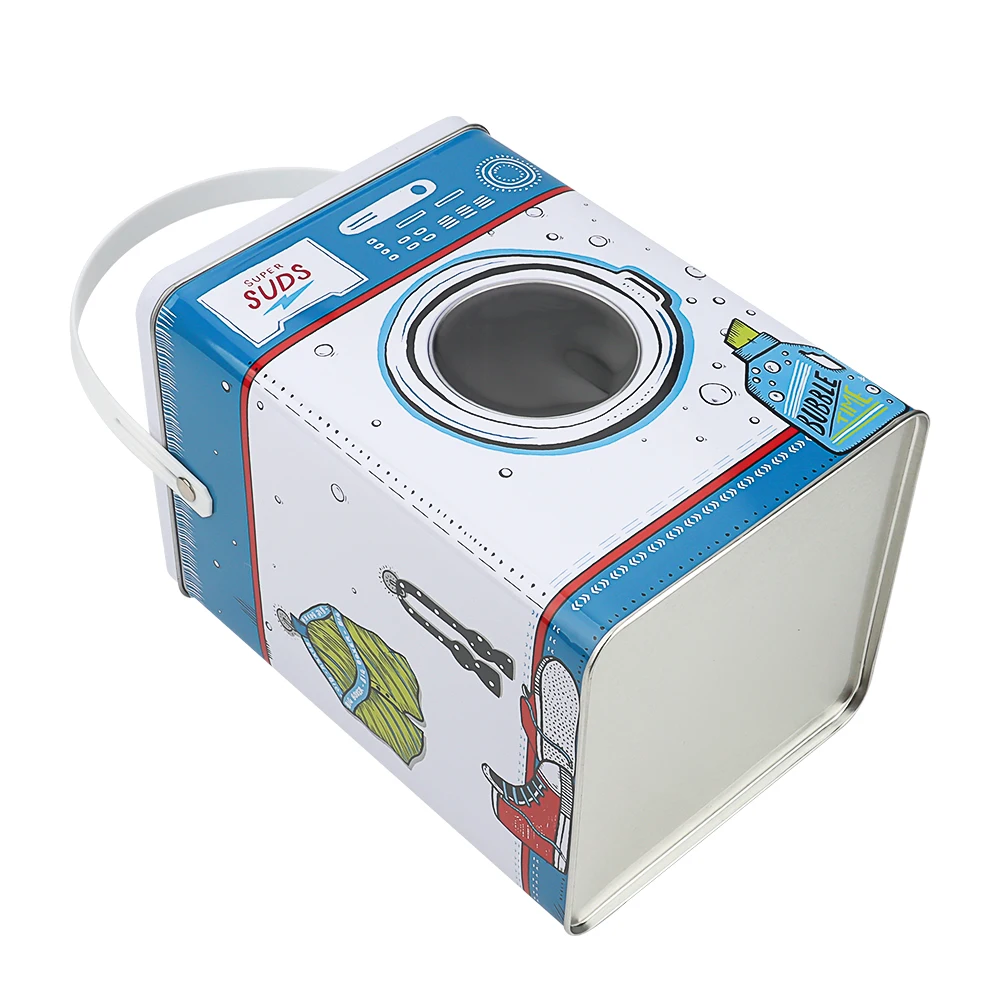 Customized Washing Machine Design Shape Square Tin Laundry Powder Container Boxes Metal Can With Handle