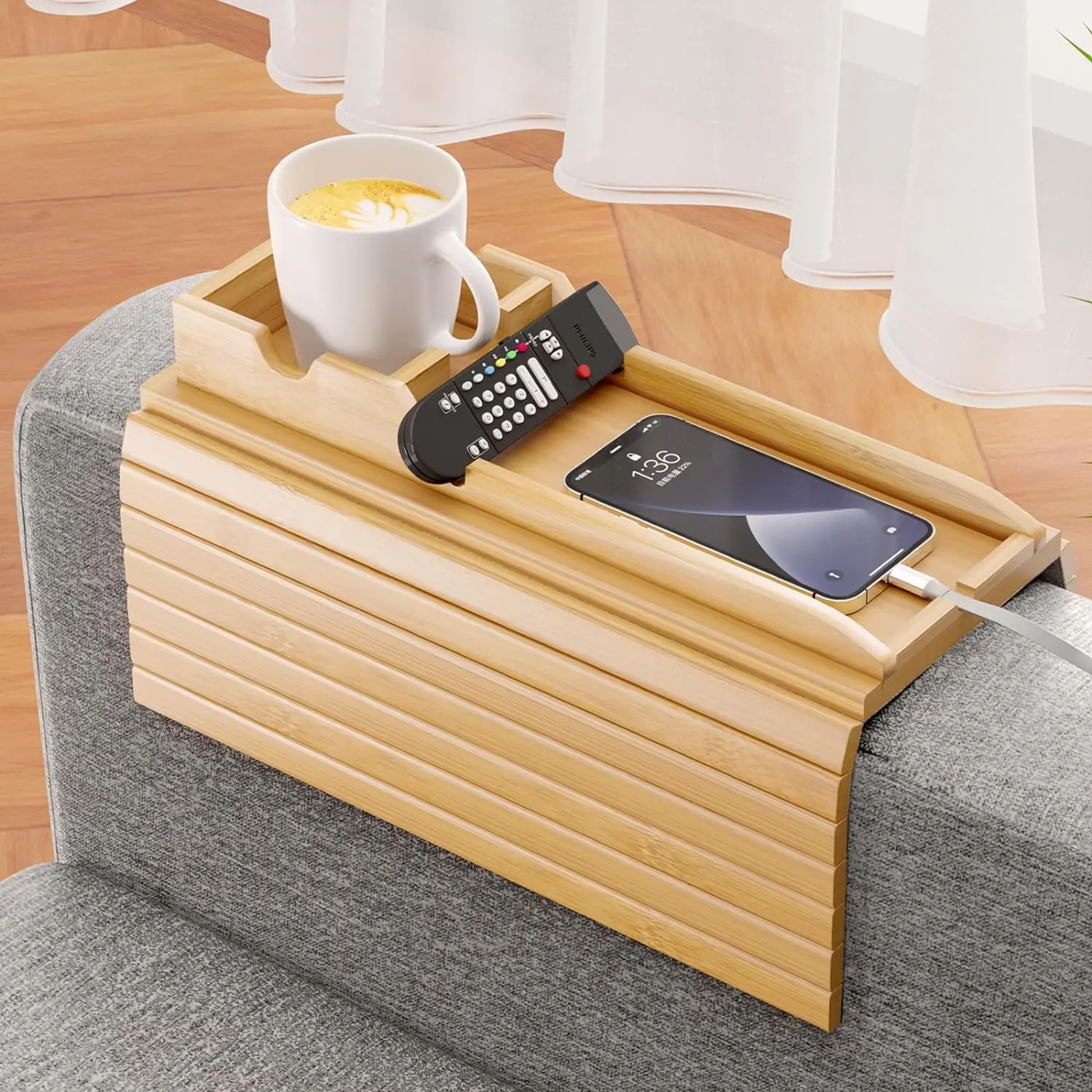 Bamboo Sofa Armrest Tray with Removable Sofa Cup Holder Part Non-slip Foldable Sofa Table Tray